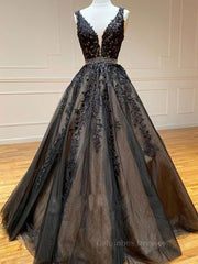 Semi Formal, A Line V Neck Black Lace Prom Dresses, Black Lace Formal Evening Dresses