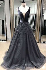 Evening Dresses Cheap, A Line V Neck Black Long Prom Dresses with Lace Appliques, V Neck Black Lace Formal Evening Dresses