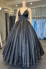 Bridesmaid Dress Strapless, A Line V Neck Black Satin Long Prom Dress with Pocket, V Neck Black Formal Graduation Evening Dress