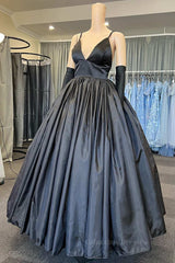 Garden Wedding, A Line V Neck Black Satin Long Prom Dress with Pocket, V Neck Black Formal Graduation Evening Dress
