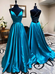 Formal Dresses For Wedding, A Line V Neck Blue Backless Long Prom Dresses, Open Back Blue Long Formal Evening Dresses
