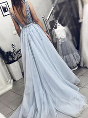 Party Dress Meaning, A Line V Neck Blue Beaded Long Prom Dresses, Blue Beaded Long Formal Evening Dresses