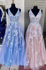 Casual Gown, A Line V Neck Blue/Champagne Lace Floral Long Prom Dresses, Blue/Champagne Lace Formal Evening Dresses