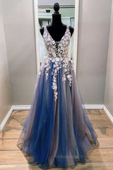 Bridesmaids Dresses Beach, A Line V Neck Blue Lace Long Prom Dress, Long Blue Formal Evening Dress