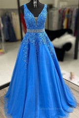 Winter Formal Dress Short, A Line V Neck Blue Lace Long Prom Dresses with Belt, Blue Lace Formal Evening Dresses