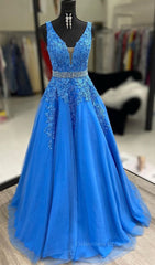 Prom Dress Ideas, A Line V Neck Blue Lace Long Prom Dresses with Belt, Blue Lace Formal Evening Dresses