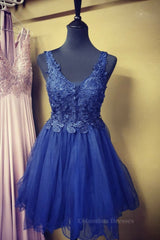 Bridal Shower Games, A Line V Neck Blue Lace Short Prom Dress, Blue Lace Homecoming Dress, Short Blue Formal Evening Dress