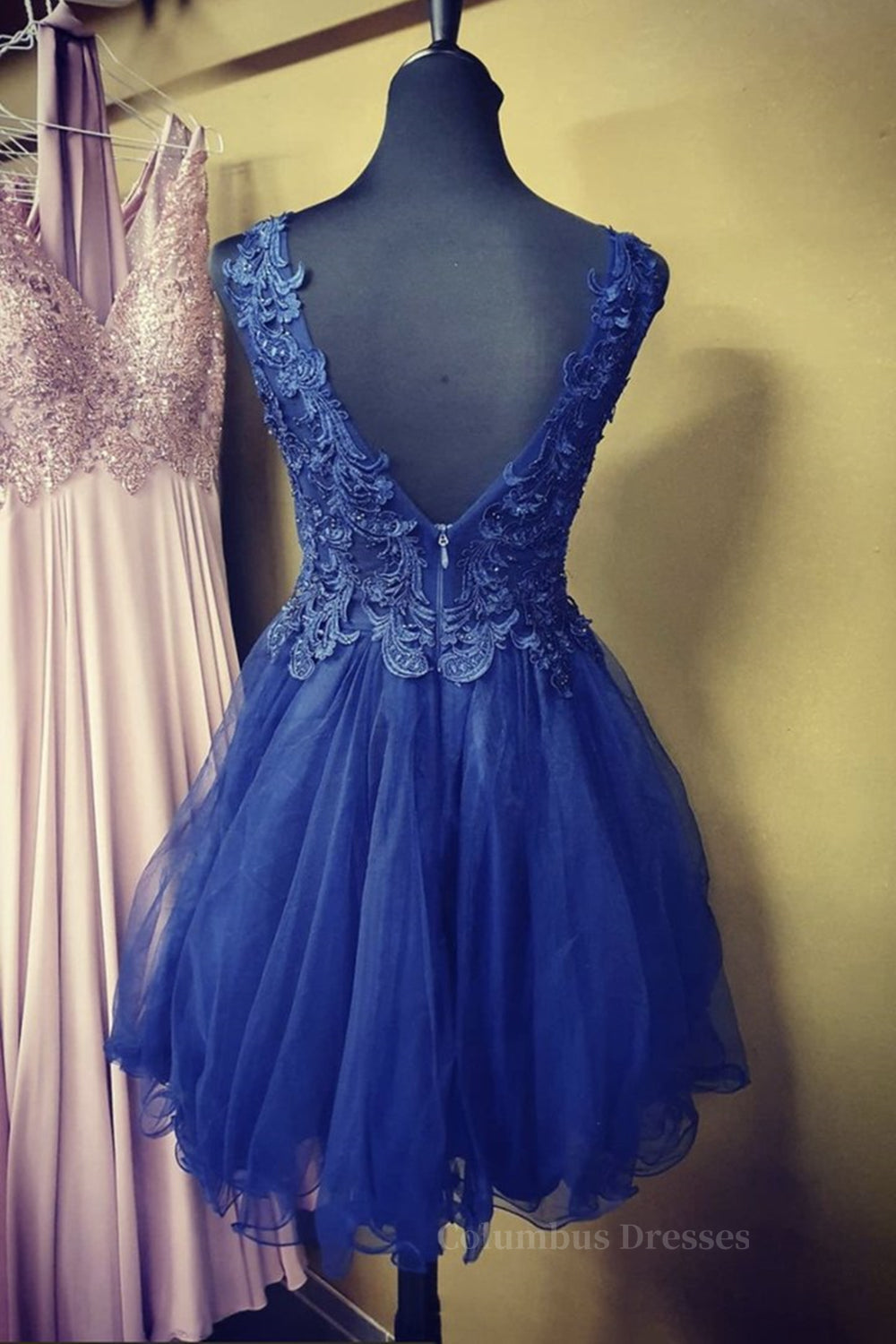 Bridesmaid Dresses Mismatched Winter, A Line V Neck Blue Lace Short Prom Dress, Blue Lace Homecoming Dress, Short Blue Formal Evening Dress
