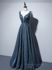 Homecoming Dress Cute, A-line V Neck Blue Long Prom Dress, Blue Formal Dresses