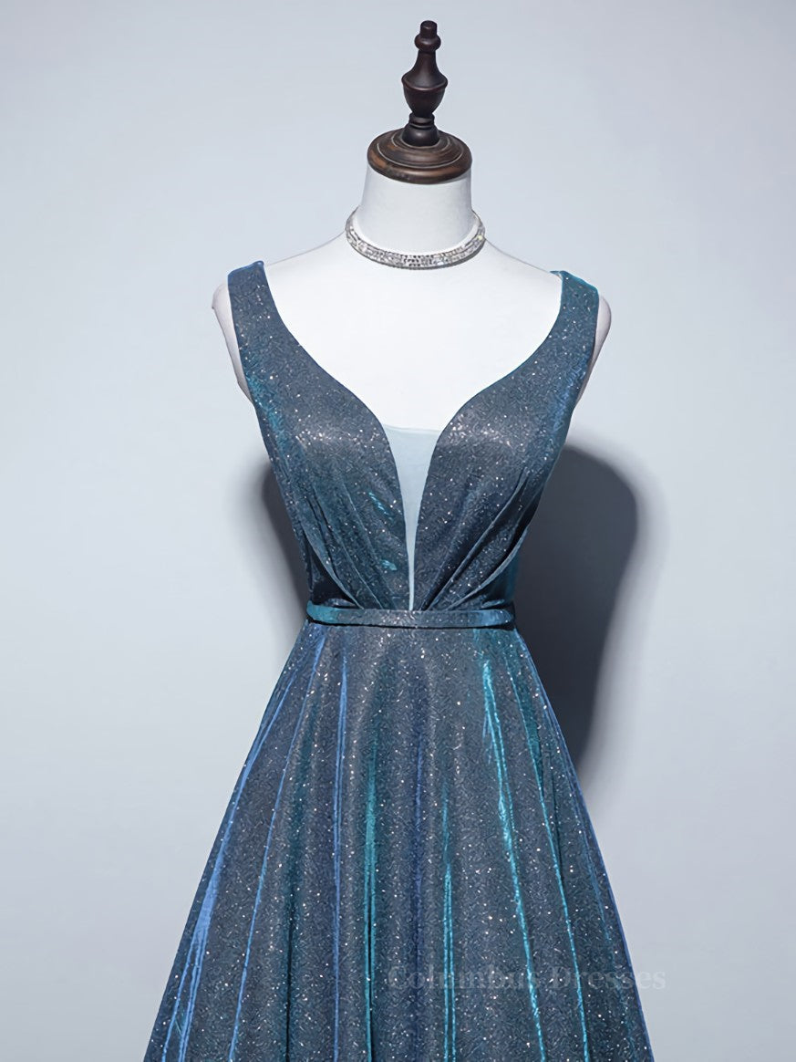 Homecoming Dress Inspo, A-line V Neck Blue Long Prom Dress, Blue Formal Dresses