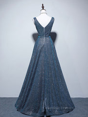Homecoming Dresses For Girl, A-line V Neck Blue Long Prom Dress, Blue Formal Dresses
