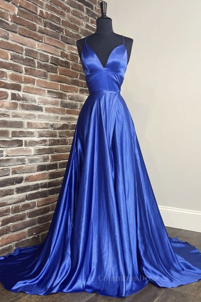 Prom Dress2063, A Line V Neck Blue Long Prom Dress, V Neck Blue Formal Graduation Evening Dress