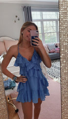 Trendy Dress Outfit, A-line V Neck Blue Short Homecoming Dress Lovely Homecoming Dress