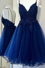 Prom Dressed 2028, A Line V Neck Blue Short Prom Dresses Backless Homecoming Dresses