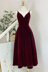 Bridesmaid Dresses Color Palettes, A Line V Neck Burgundy Black Tea Length Prom Dresses, Short Black Wine Red Formal Homecoming Dresses