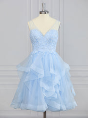 Homecoming Dresses 2031, A-line V-neck Cascading Ruffles Knee-Length Dress