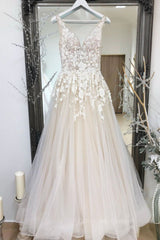 Party Dress Prom, A Line V Neck Champagne Lace Long Prom Dresses, Champagne Lace Formal Dresses, Champagne Evening Dresses