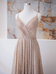 Prom Dress Trends 2027, A Line V Neck Champagne Long Prom Dresses, Shiny Tulle Champagne Evening Dress