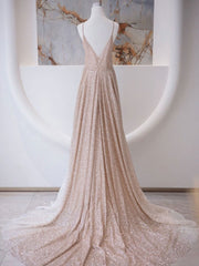 Prom Dress For Teen, A Line V Neck Champagne Long Prom Dresses, Shiny Tulle Champagne Evening Dress