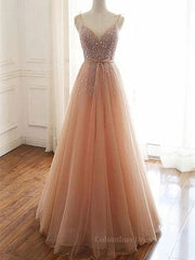 Formal Dress Elegant, A Line V Neck Champagne Tulle Long Beaded Prom Dresses, Champagne Long Formal Evening Dresses