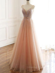 Formal Dress Outfit Ideas, A Line V Neck Champagne Tulle Long Beaded Prom Dresses, Champagne Long Formal Evening Dresses