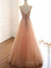 Formal Dresses Outfit Ideas, A Line V Neck Champagne Tulle Long Beaded Prom Dresses, Champagne Long Formal Evening Dresses