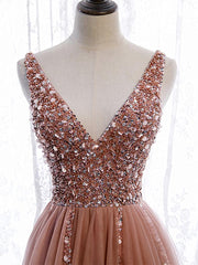 Party Dresses Websites, A Line V Neck Dark Pink Beaded Long Prom Dresses, V Neck Pink Long Formal Graduation Dresses