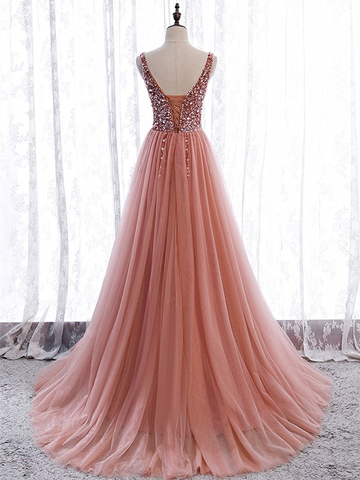Party Dresses 2023, A Line V Neck Dark Pink Beaded Long Prom Dresses, V Neck Pink Long Formal Graduation Dresses