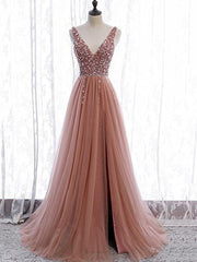 Party Dresses Website, A Line V Neck Dark Pink Beaded Long Prom Dresses, V Neck Pink Long Formal Graduation Dresses