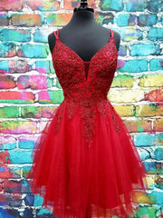 Bridesmaid, A Line V Neck Dark Red Lace Prom Dresses, Dark Red Lace Formal Homecoming Dresses