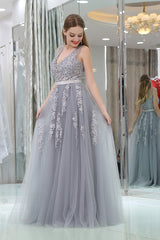 Bridesmaid Dress Color Palette, A-Line V-neck Floor-Length Tulle Appliqued Long Prom Dresses