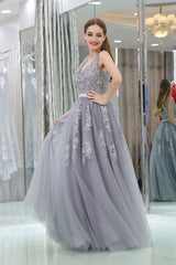 Bridesmaid Dresses Different Style, A-Line V-neck Floor-Length Tulle Appliqued Long Prom Dresses