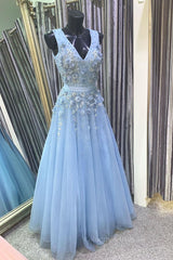 Formal Dresses Shop, A Line V Neck Floral Light Blue Lace Long Prom Dress, Light Blue Lace Formal Graduation Evening Dress