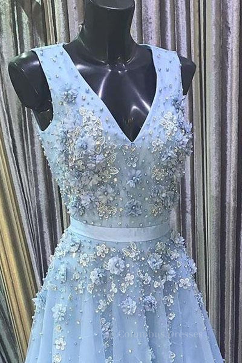 Formal Dress Shopping, A Line V Neck Floral Light Blue Lace Long Prom Dress, Light Blue Lace Formal Graduation Evening Dress