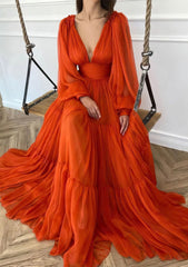 Prom Dresses Spring, A-line V Neck Full/Long Sleeve Long/Floor-Length Chiffon Prom Dress With Pleated