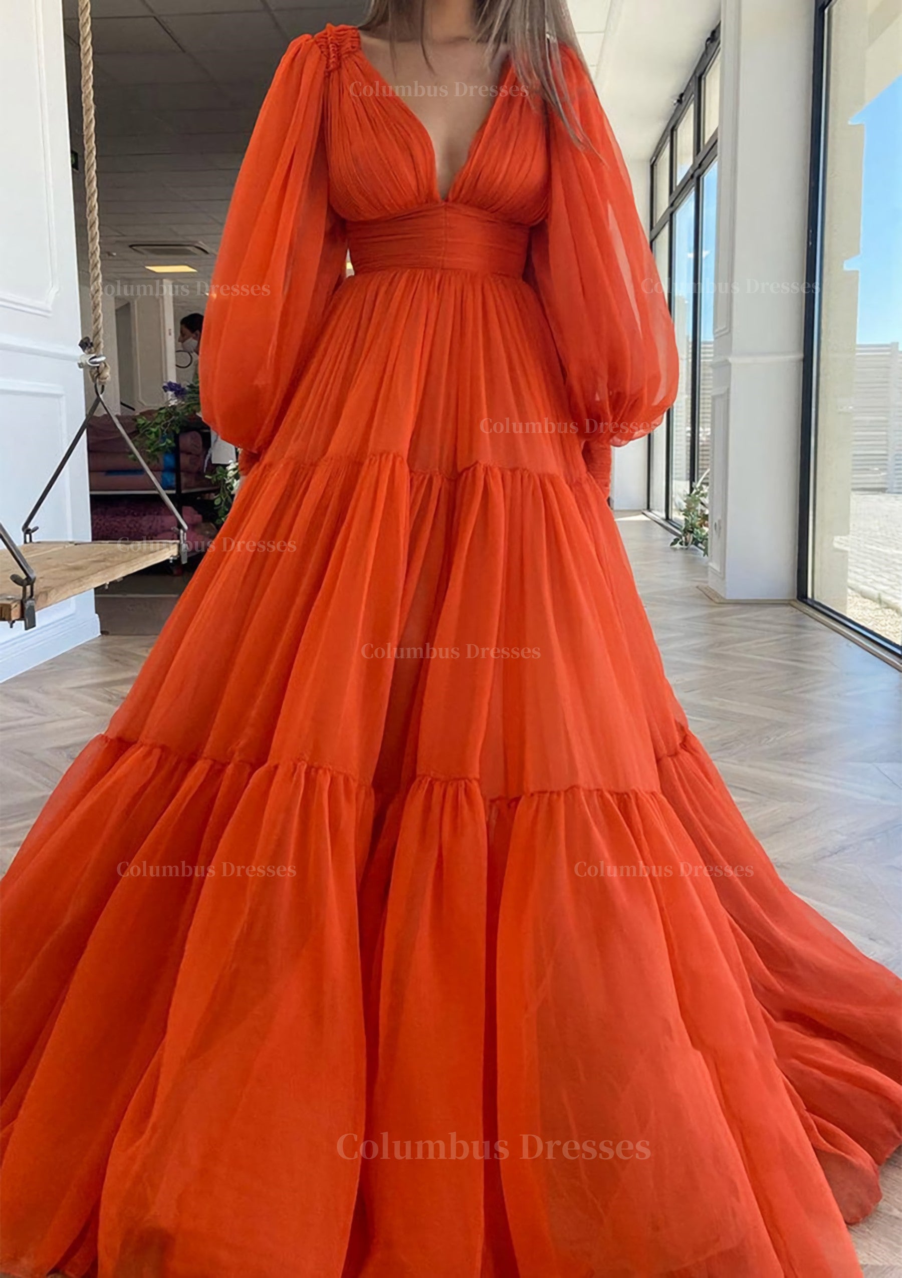 Prom Dress A Line, A-line V Neck Full/Long Sleeve Long/Floor-Length Chiffon Prom Dress With Pleated