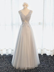 Prom Dress Idea, A Line V Neck Gray Floral Long Prom Dresses, V Neck Gray Long Floral Formal Bridesmaid Dresses