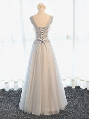 Prom Dress Fabric, A Line V Neck Gray Floral Long Prom Dresses, V Neck Gray Long Floral Formal Bridesmaid Dresses