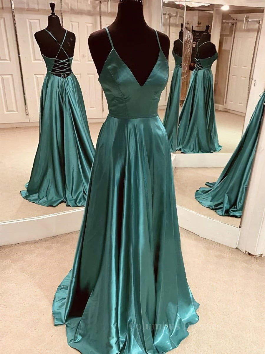 Dress Formal, A Line V Neck Green Satin Long Prom Dresses, Backless Green Long Formal Evening Dresses