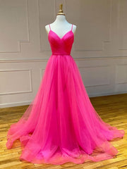 Evening Dress Prom, A Line V Neck Hot Pink Long Prom Dresses, V Neck Hot Pink Long Formal Evening Dresses