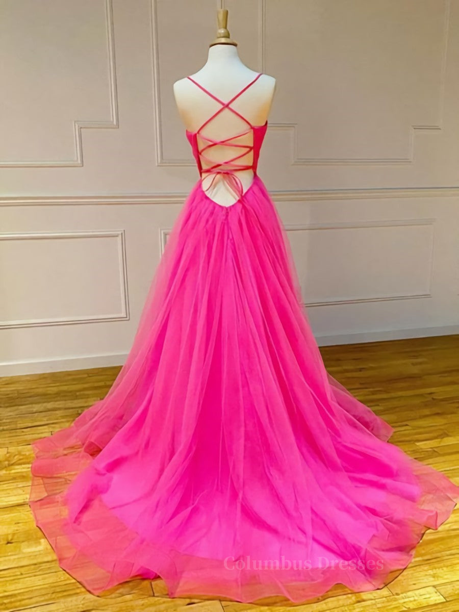 Evening Dresses Prom, A Line V Neck Hot Pink Long Prom Dresses, V Neck Hot Pink Long Formal Evening Dresses