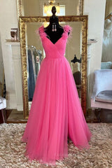 Bridesmaid Dress Burgundy, A Line V Neck Hot Pink Tulle Long Prom Dress with Slit, Hot Pink Formal Graduation Evening Dress