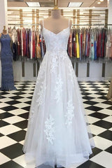 Wedding Dresses Spring, A Line V Neck Lace Appliques White Prom Dress Wedding Dress, White Lace Formal Dress, White Evening Dress