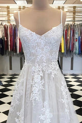 Wedding Dress Outlets, A Line V Neck Lace Appliques White Prom Dress Wedding Dress, White Lace Formal Dress, White Evening Dress
