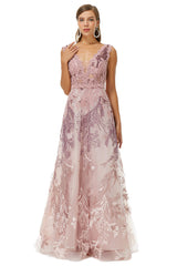 Homecoming Dress Shops, A-line V-neck Lace Beaded Applique Floor-length Sleeveless Prom Dresses