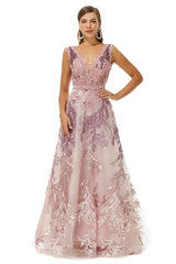 Homecoming Dresses Fashion Outfits, A-line V-neck Lace Beaded Applique Floor-length Sleeveless Prom Dresses