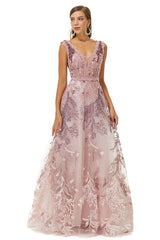 Homecoming Dresses Pretty, A-line V-neck Lace Beaded Applique Floor-length Sleeveless Prom Dresses