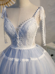 Prom Dress Chicago, A Line V Neck Lace Blue Short Prom Dresses, Blue Puffy Homecoming Dresses