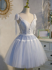 Prom Dresses Glitter, A Line V Neck Lace Blue Short Prom Dresses, Blue Puffy Homecoming Dresses
