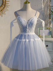 Prom Dress Mermaid, A Line V Neck Lace Blue Short Prom Dresses, Blue Puffy Homecoming Dresses